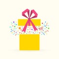 Gift box icon with confetti. Surprise package with ribbon and bow. Present box for Christmas or Birthday celebration. Royalty Free Stock Photo